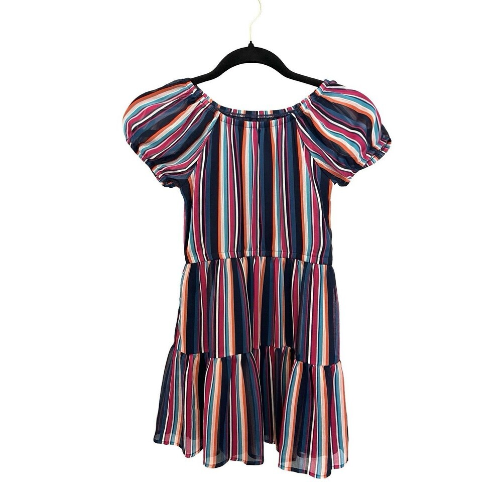 Wonder Nation Girls Striped A-Line Puff Sleeve Dress M (7-8) Multicolor